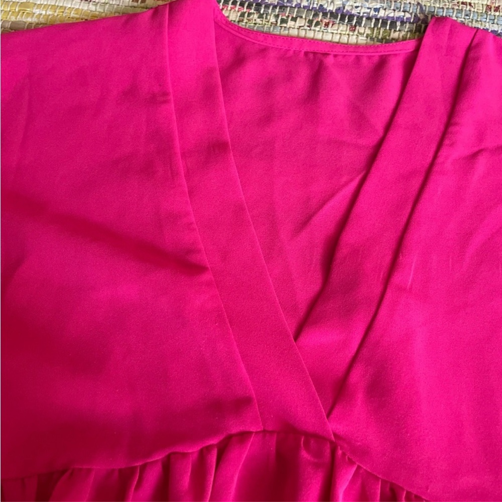 Bright Pink V-Neck Tiered Dress - Picture 2 of 4